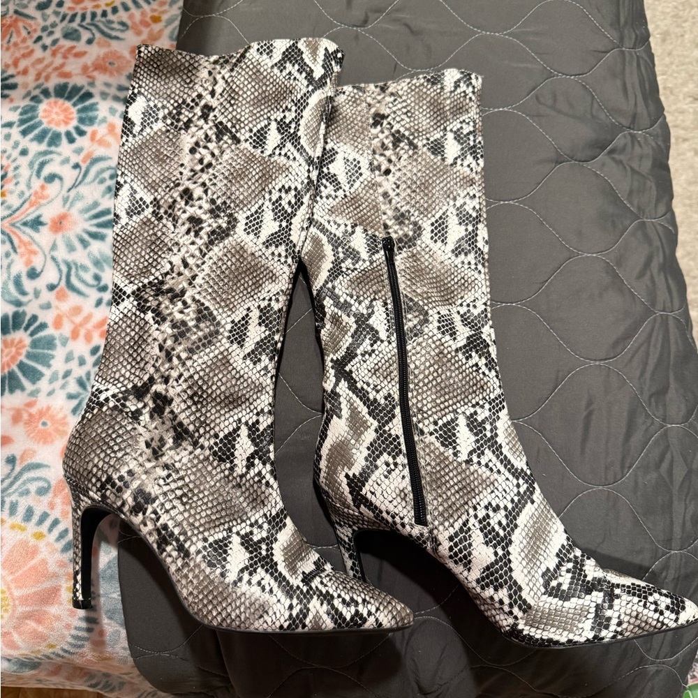 Fashion Nova Black and White Snakeskin Heeled Boots